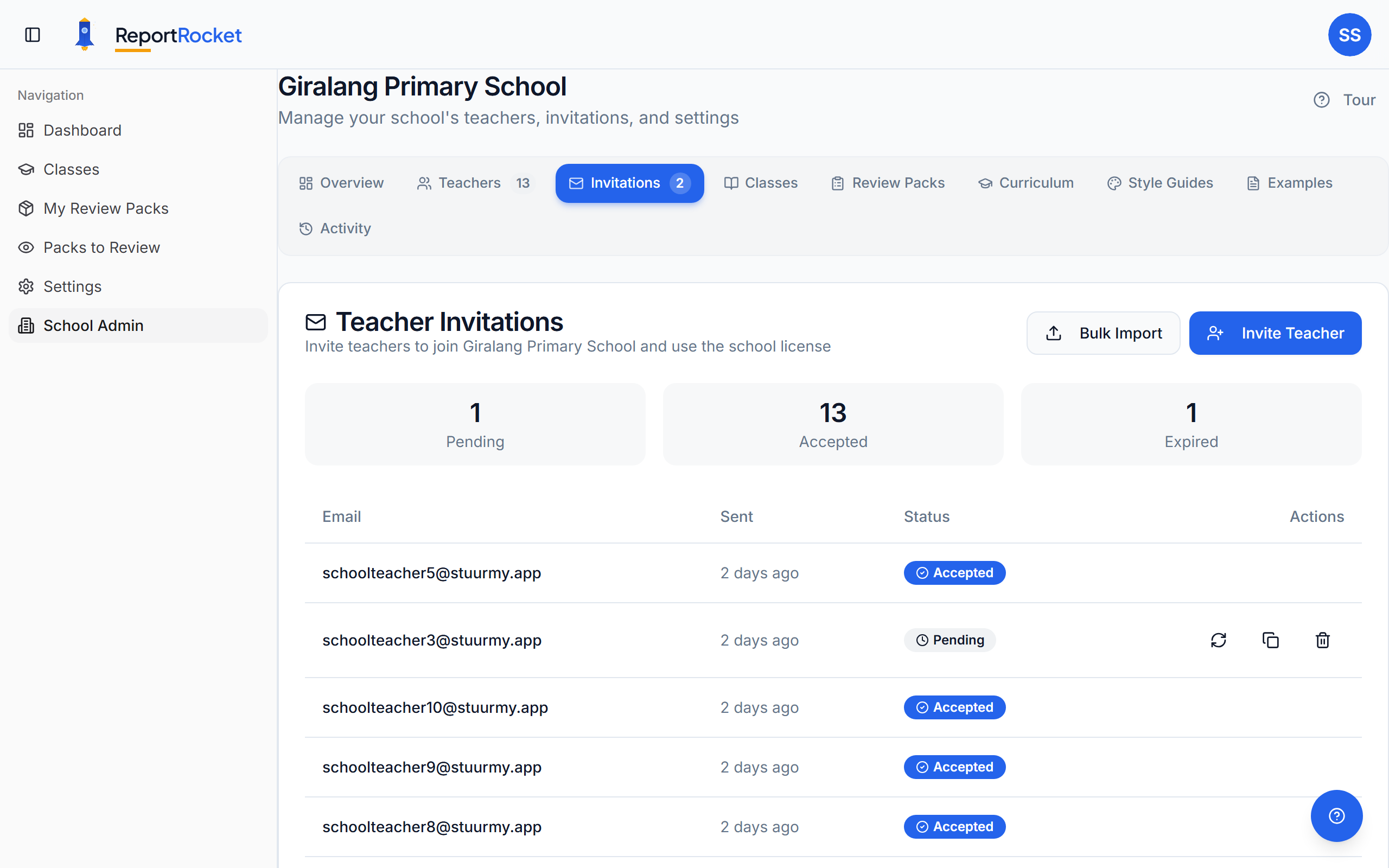 Teacher Invitations page