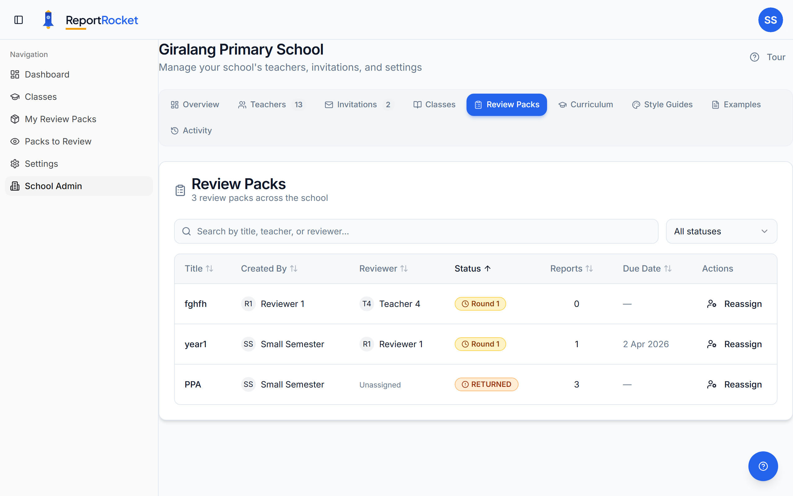 Review Packs admin table