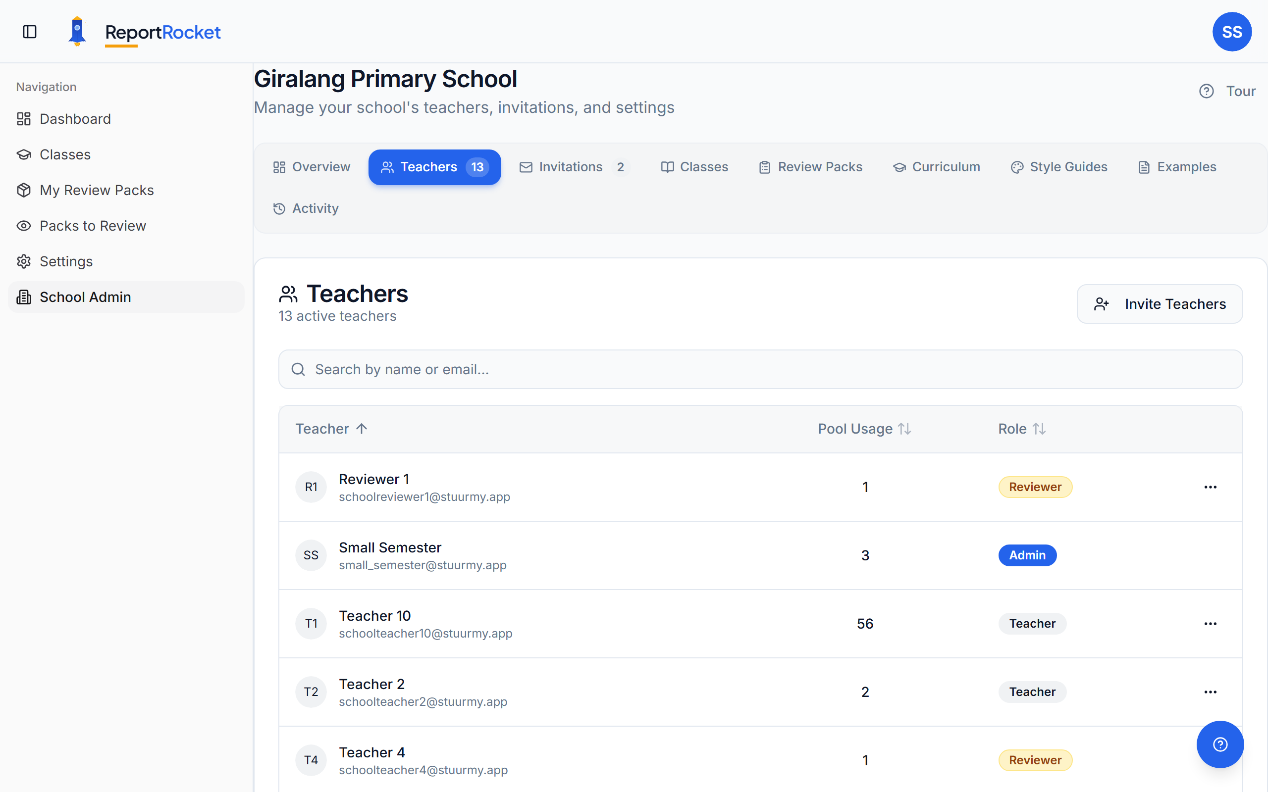 Teachers page showing role badges
