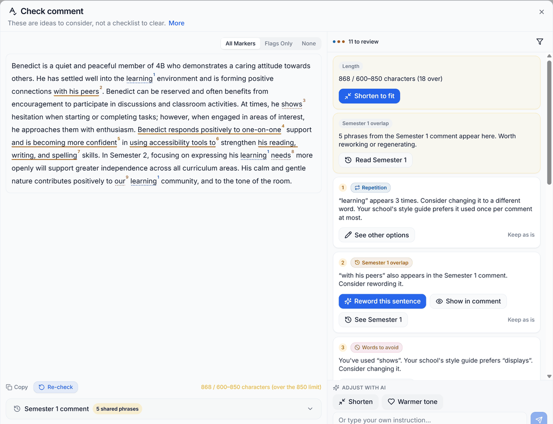 The Check comment workspace showing the draft beside its findings