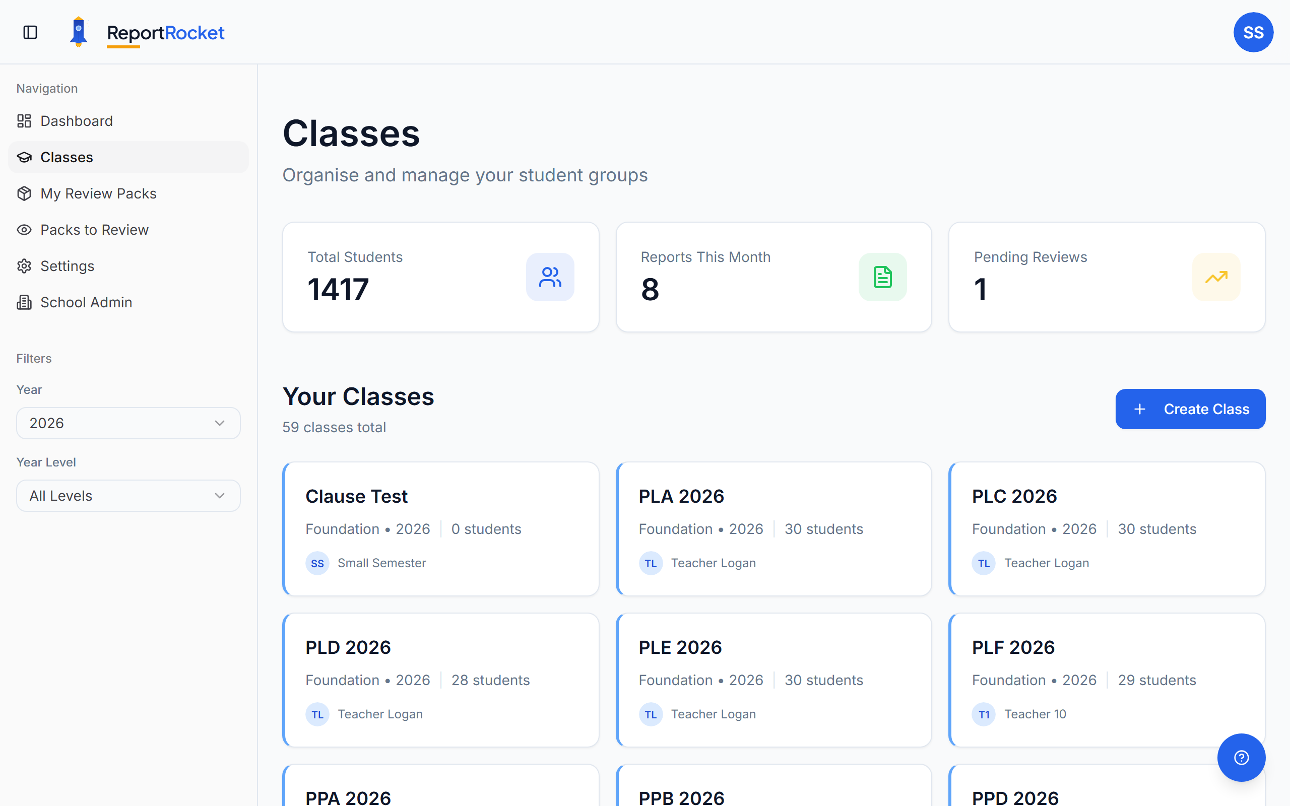 Classes page showing class cards with year levels
