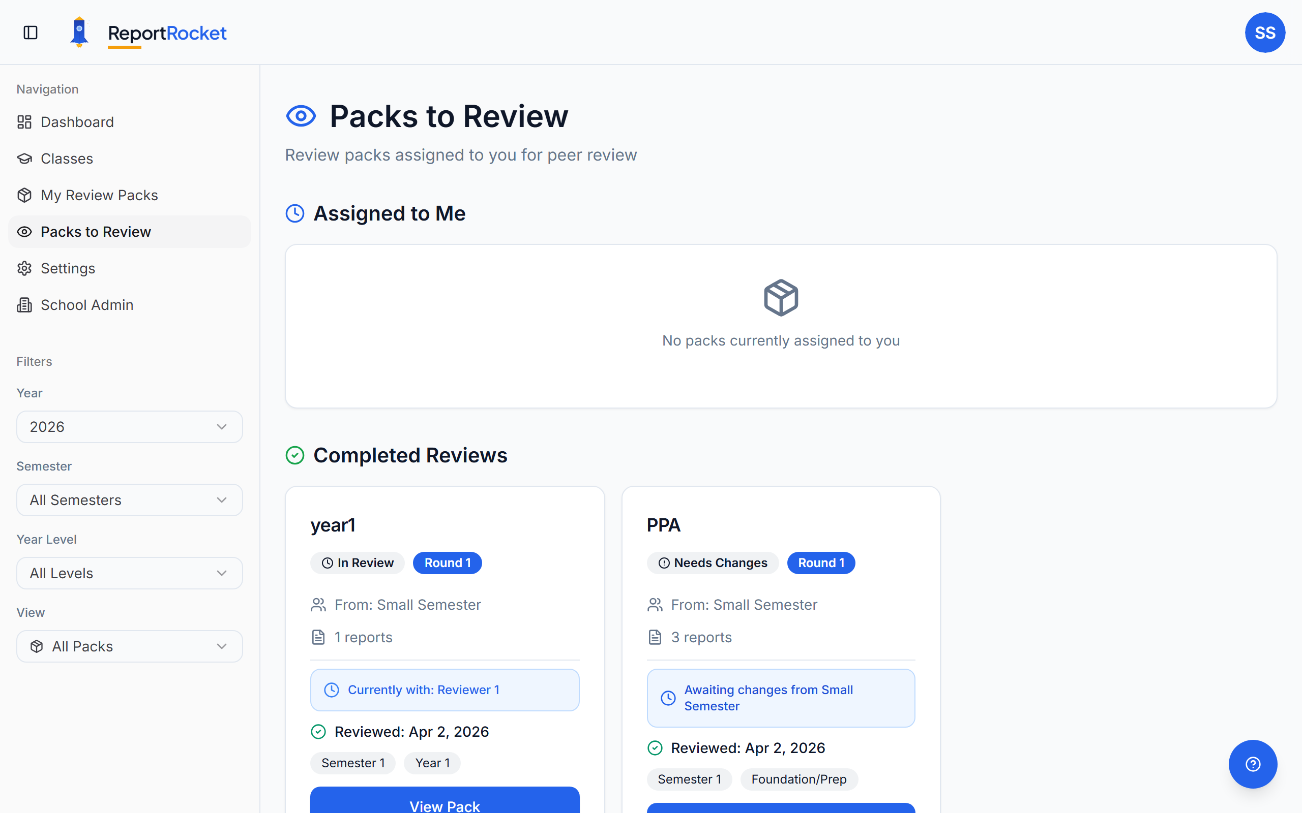 Packs to Review page showing assigned review packs