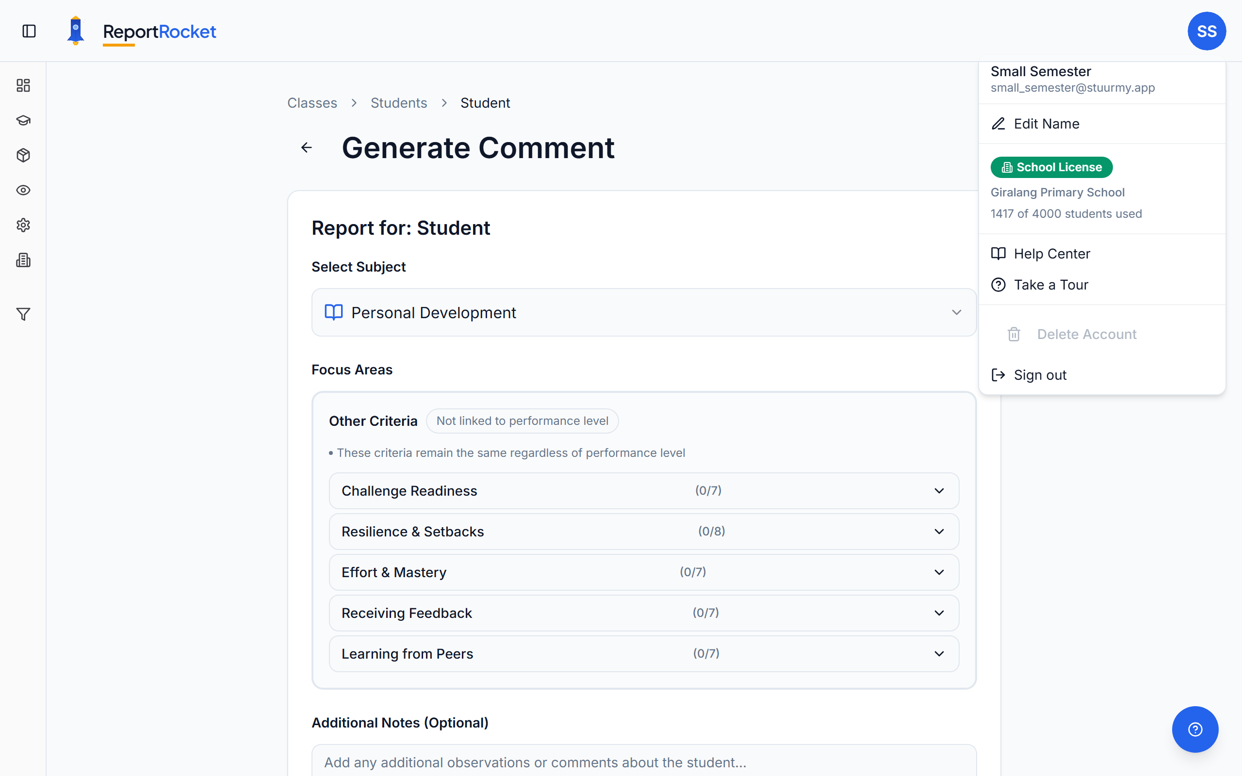 Report generation page showing subject criteria selection and proficiency levels