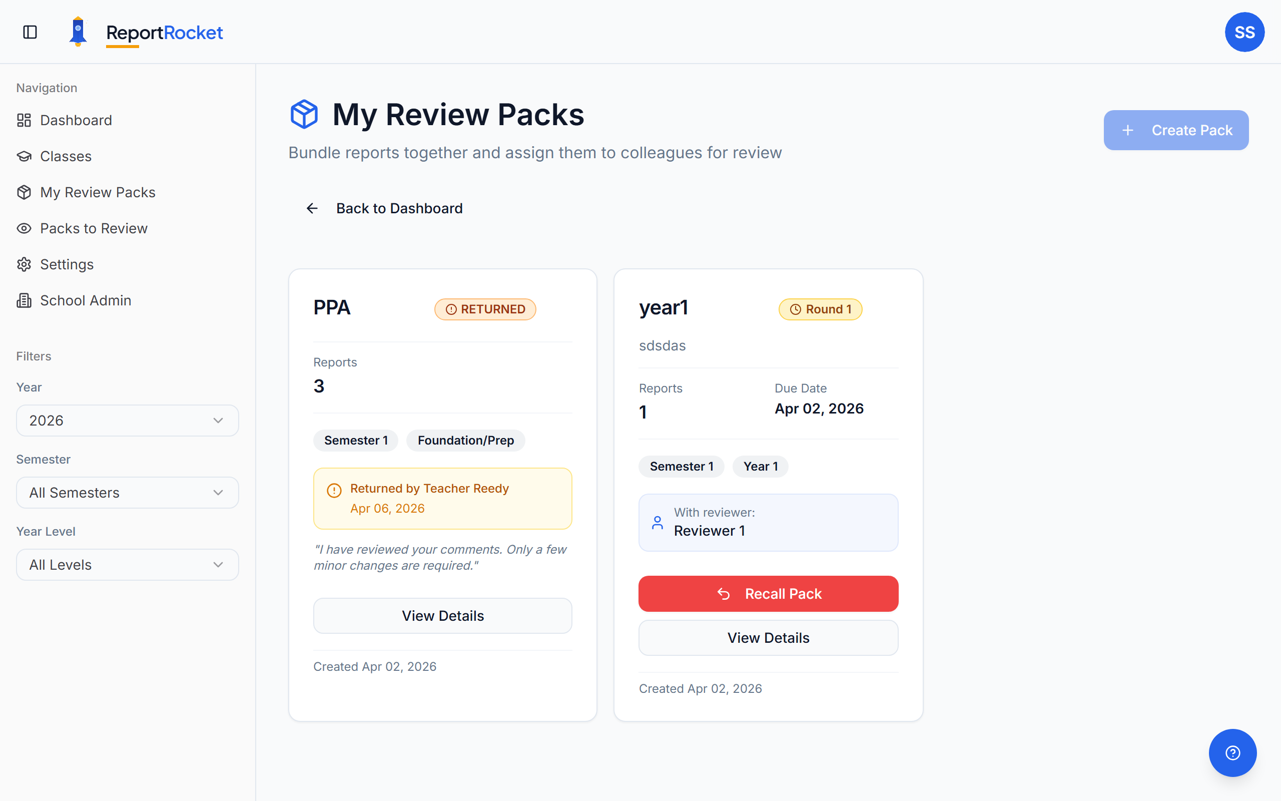 Review Packs list showing pack cards with status badges