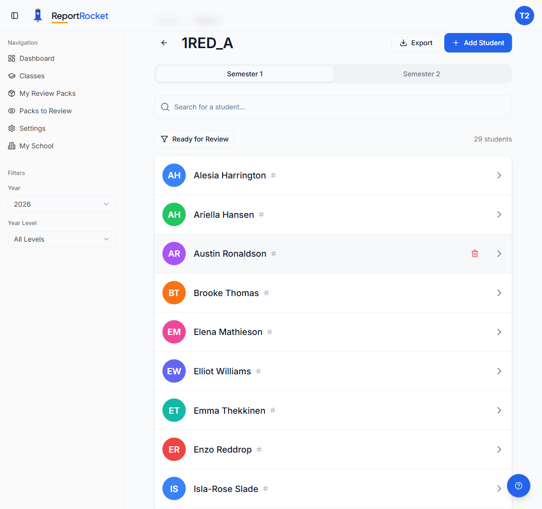 Student list page showing Semester 1 and Semester 2 tabs at the top, with Export and Add Student buttons