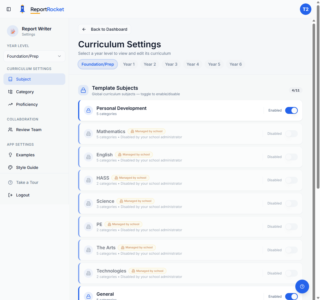 Settings page showing sidebar navigation with Curriculum Settings, Collaboration, and App Settings sections, plus colour-coded year level pills