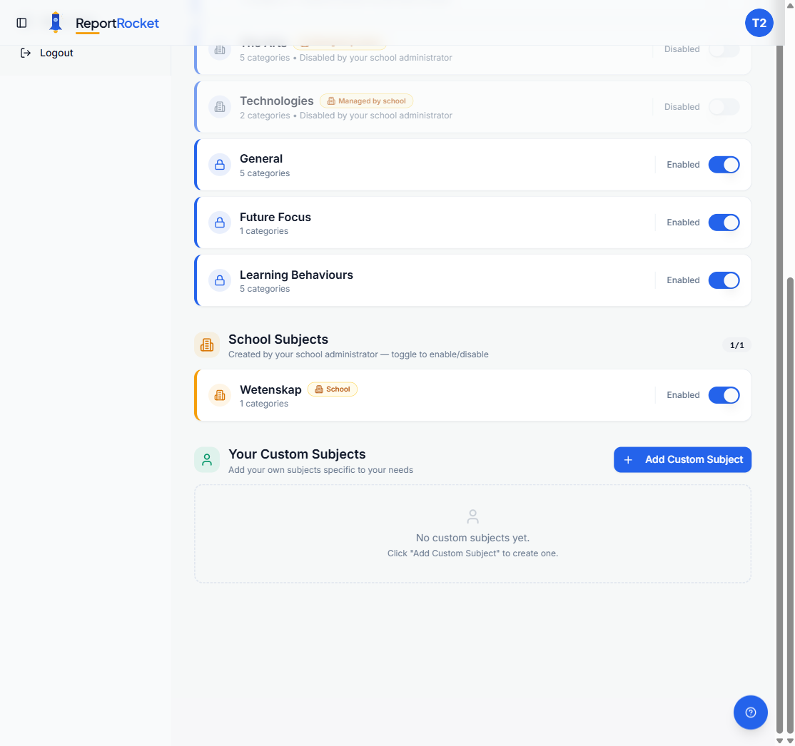 Subject list showing Template Subjects with lock icons, School Subjects with amber badge, and Your Custom Subjects section