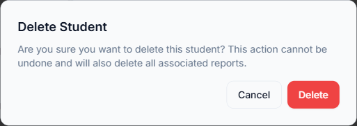 Delete Student confirmation dialog warning that this action cannot be undone