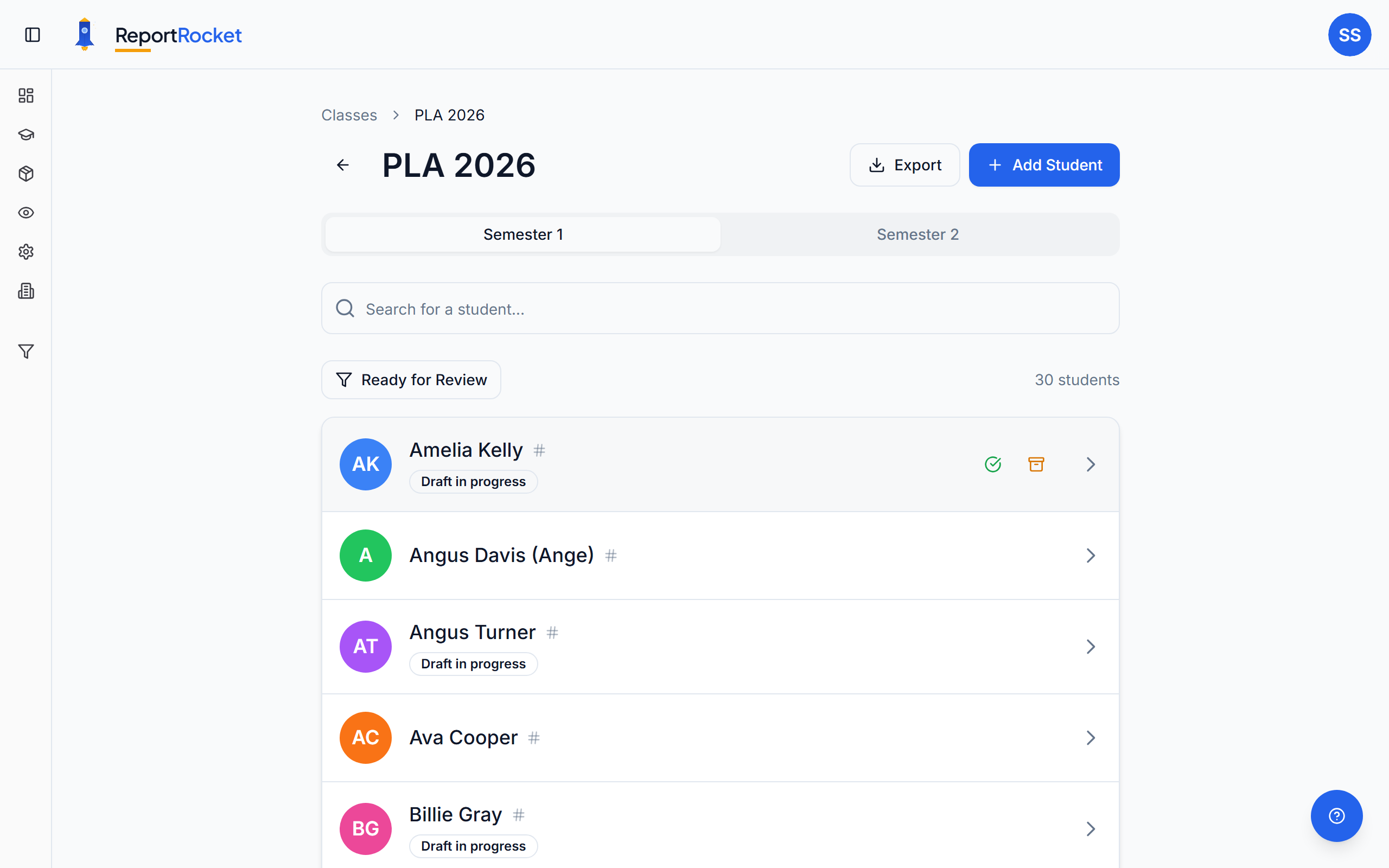 Student list within a class showing names, pronouns, and report status